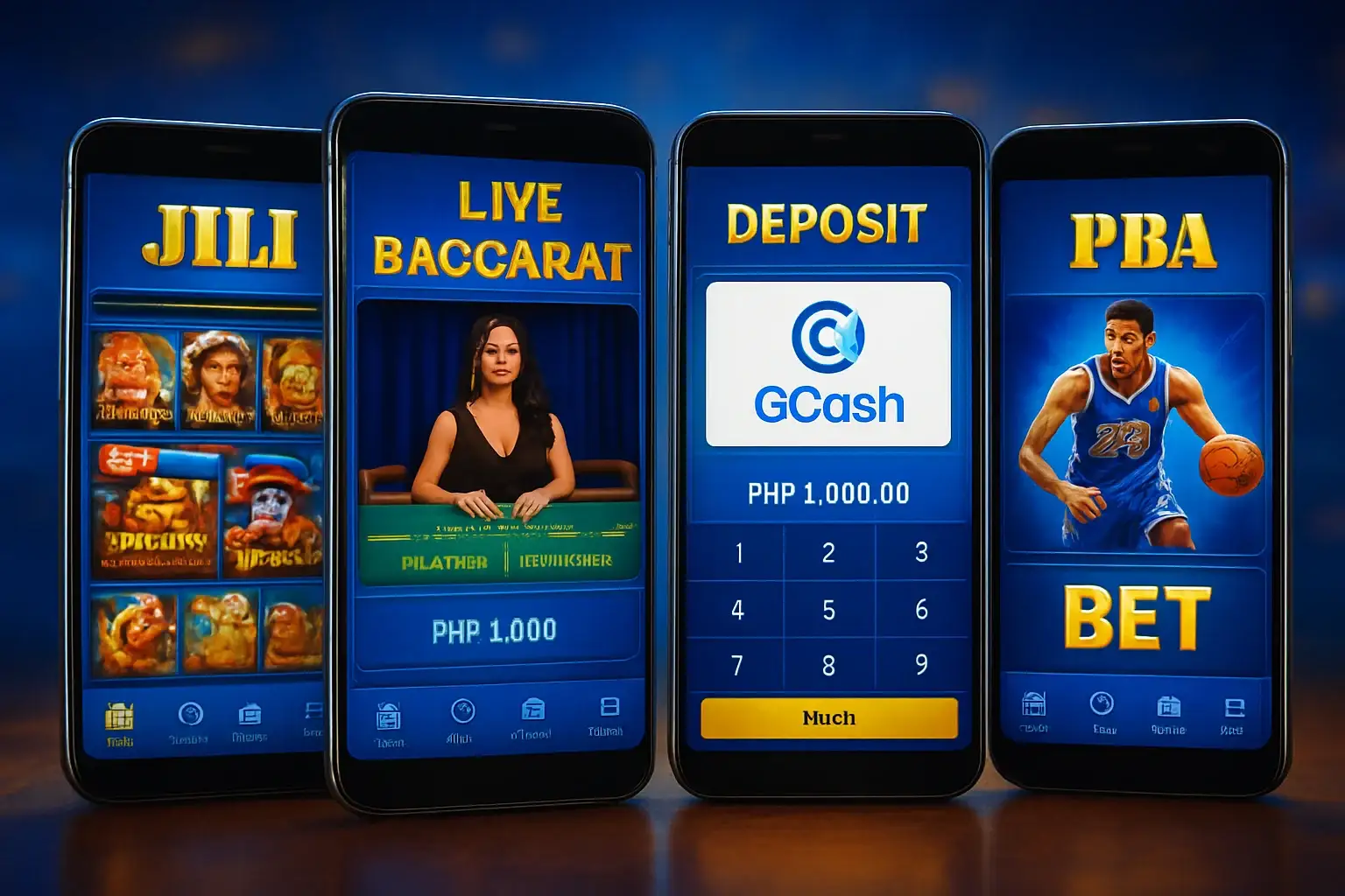 Android screens showing Philippine casino app with slots, baccarat, GCash deposit, sports betting