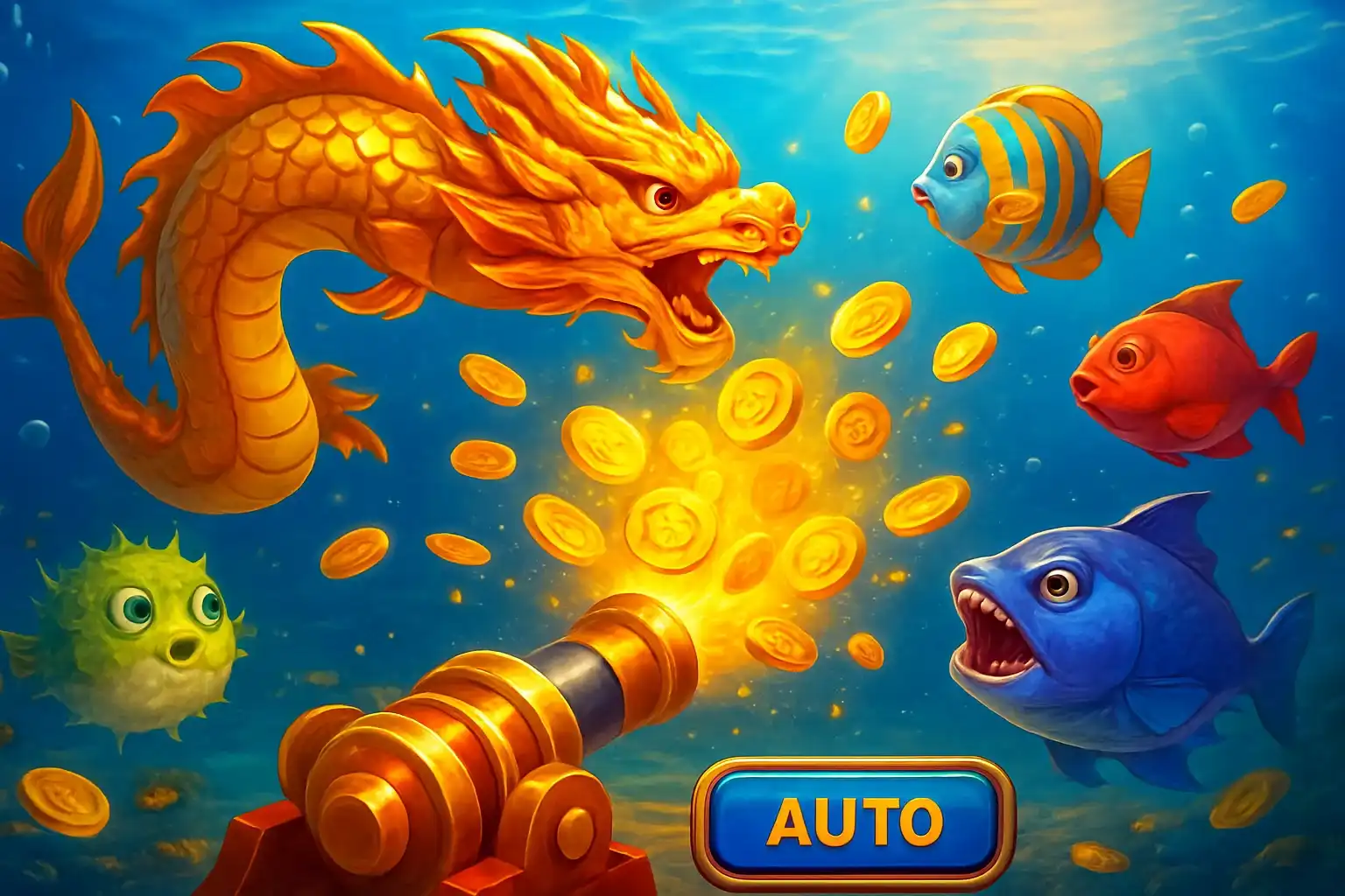 Vibrant Philippine casino fishing game with colorful fish and cannon UI