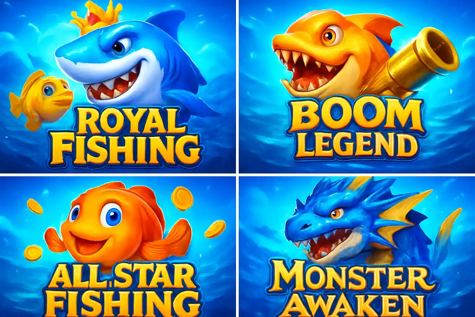 Grid of popular Philippine fishing game thumbnails in vibrant blue and gold