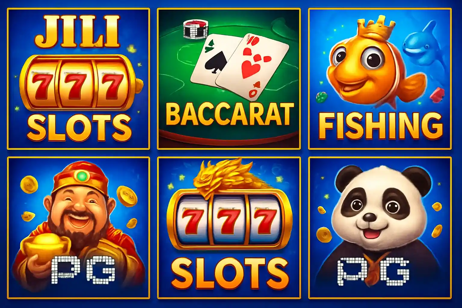 Colorful grid of Philippine casino game thumbnails with blue and gold UI