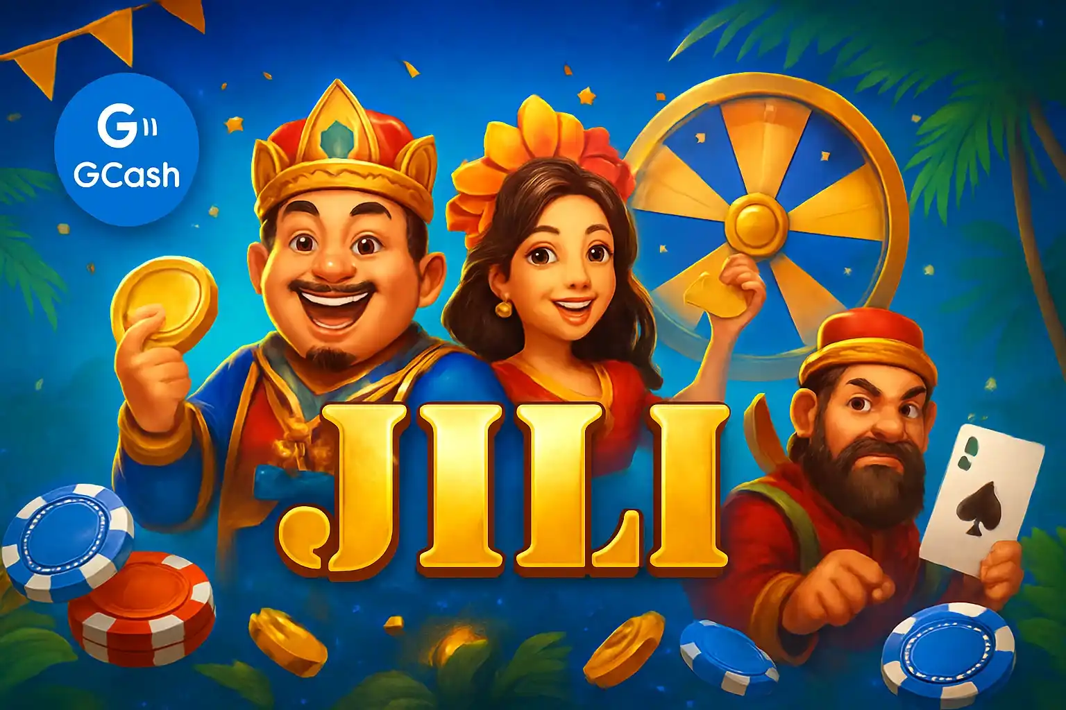 Vibrant Philippine online casino hero banner with JILI characters and GCash badge