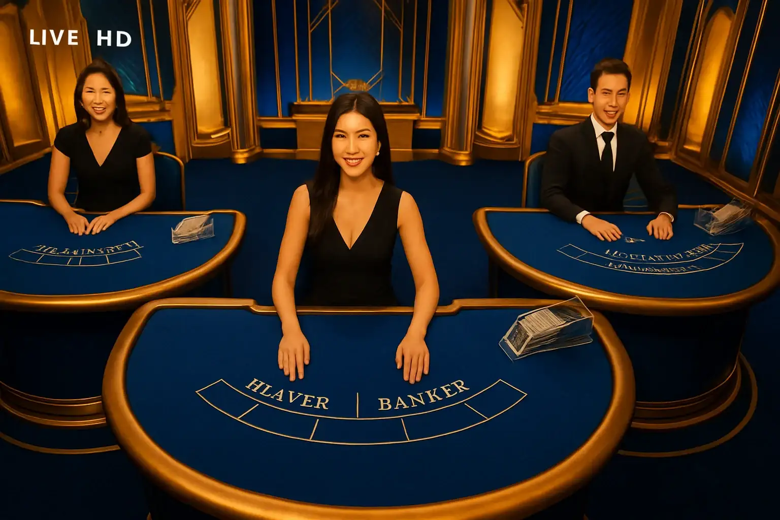 Elegant live casino studio with Asian dealers, baccarat and blackjack tables