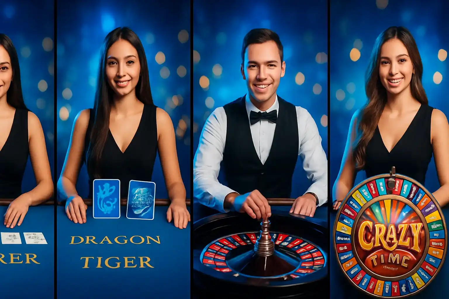Live casino game cards with baccarat, roulette, Crazy Time, and dealers