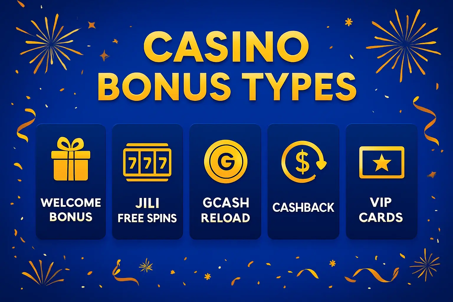 Casino bonus types display on royal blue with gold Philippine accents