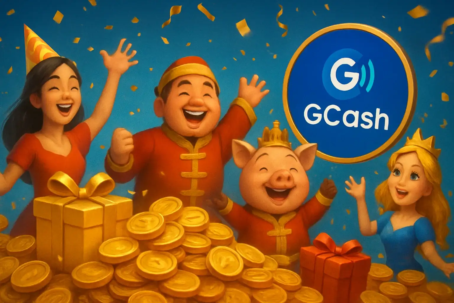 Philippine casino promotions banner with gold coins, gift boxes, GCash badge, JILI characters