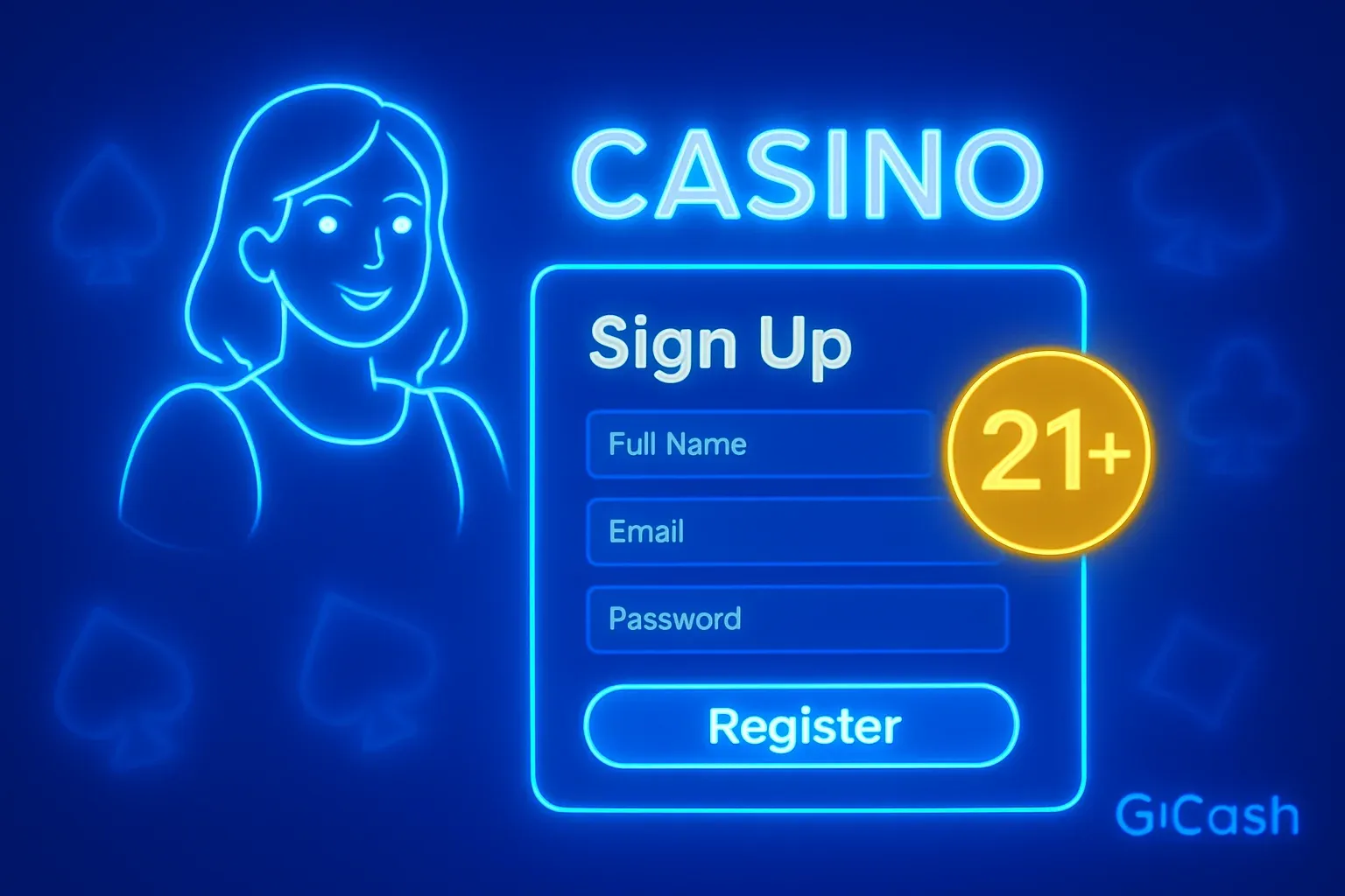 Philippine casino sign-up form on royal blue with gold 21+ badge and GCash logo