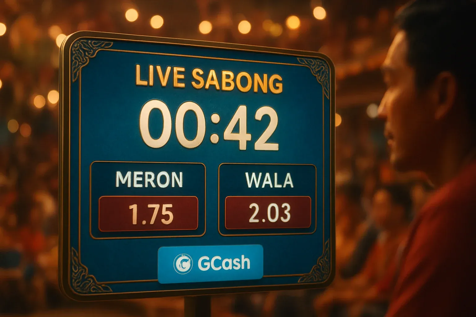 Live sabong countdown timer with Meron vs Wala betting panel and GCash badge