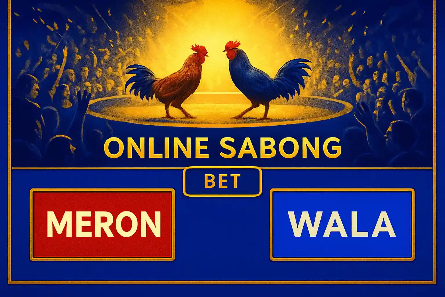 Philippine online sabong betting interface with Meron and Wala panels in blue and gold