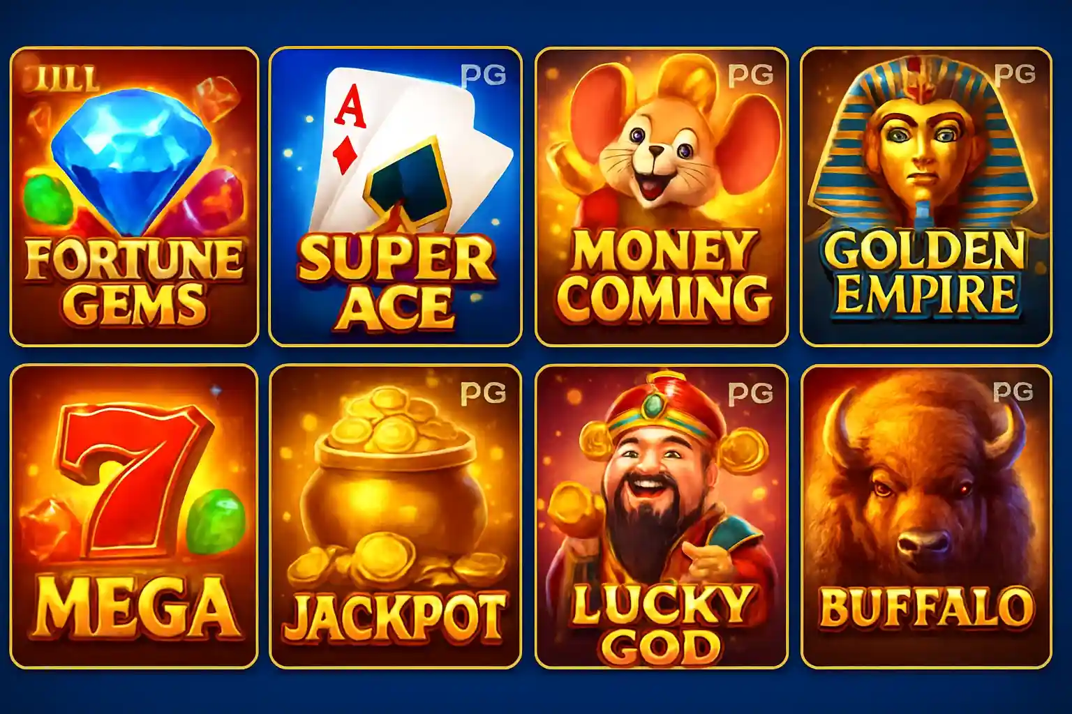 Grid of JILI and PG Soft slot game thumbnails on blue background