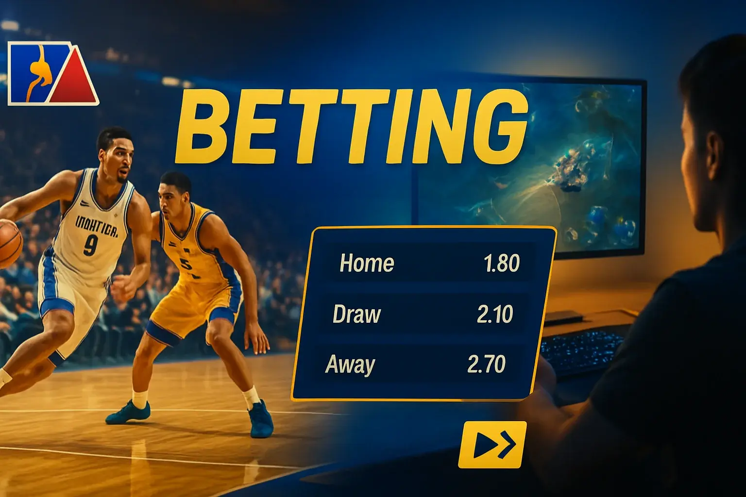 Philippine sports betting banner with PBA action and Mobile Legends esports overlay